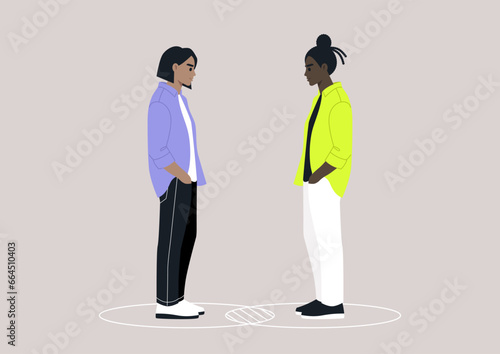 Two characters standing within their individual circles that intersect, serving as a metaphor for both their commonalities and differences