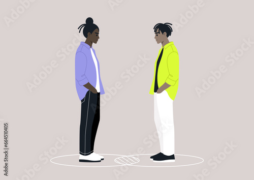 Two characters standing within their individual circles that intersect, serving as a metaphor for both their commonalities and differences