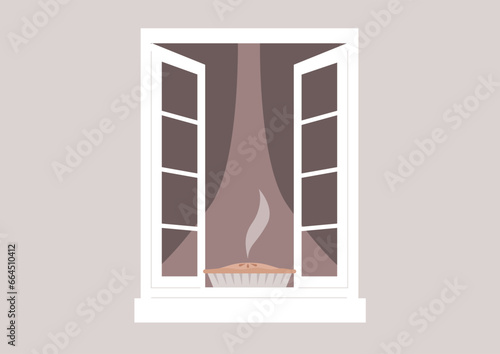 A freshly baked apple pie cooling down on the windowsill, filling the air with a warm and cozy aroma of apples and cinnamon