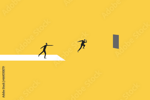 Business challenge concept with man jump to the window. Goal or target behind obstacle. Eps10 vector illustration.