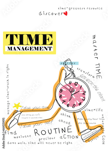 Time Management poster art. Kids style art. Contemporary art. Abstract design. Banner template. Vector design elements.