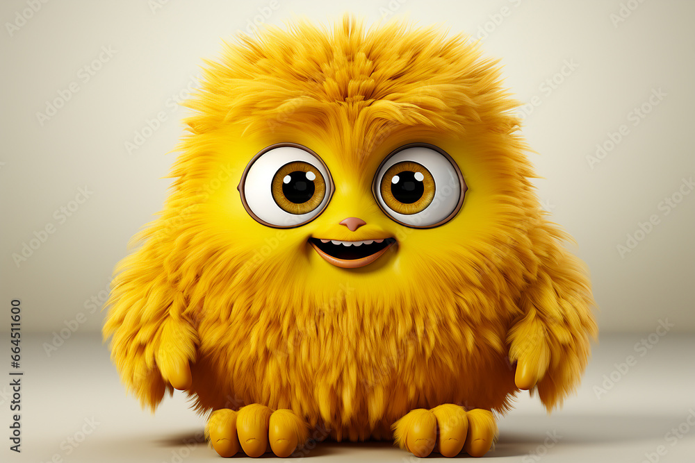A cute furry yellow monster isolated on background.Fluffy plush toy for kids.