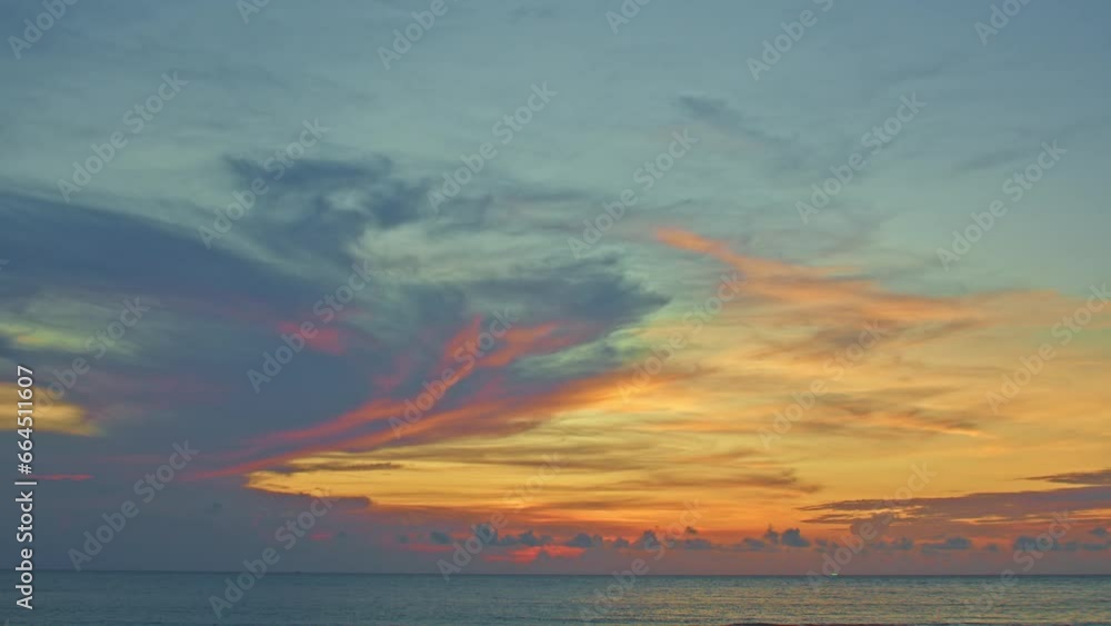 .Amazing sky in sunset above the ocean at Karon beach Phuket..Imagine a fantasy bright yellow clouds changing in colorful sky..Gradient color. Sky texture, abstract nature background.
