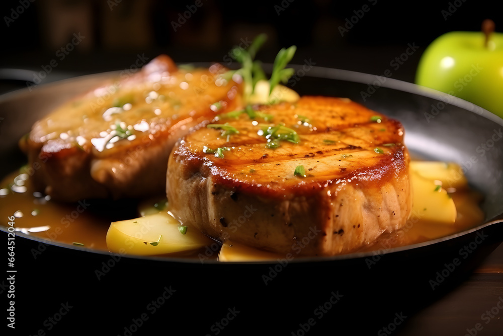 pan-seared pork chops wearing apple sauce sheen under a spotlight pan-seared pork chops wearing apple sauce sheen under a spotlight