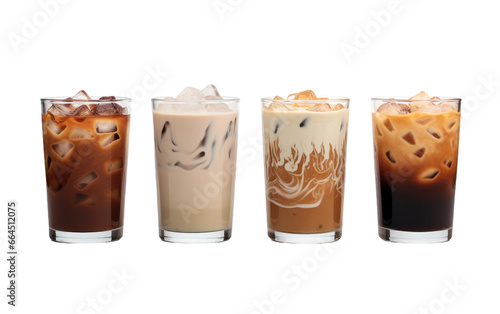 Multiple Glasses of Different types of Colorful Coffee Isolated on Transparent Background PNG. photo