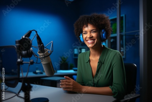 Cheerful smiling female blogger hosting a podcast in the studio. Caucasian woman wearing headphones uses laptop, microphone and studio equipment to record live stream for the channel and subscribers.