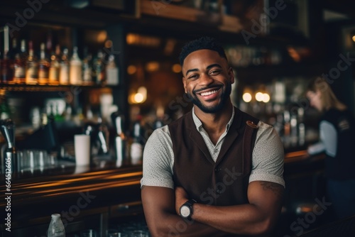 Portrait of a smiling young waiter in a bar © NikoG