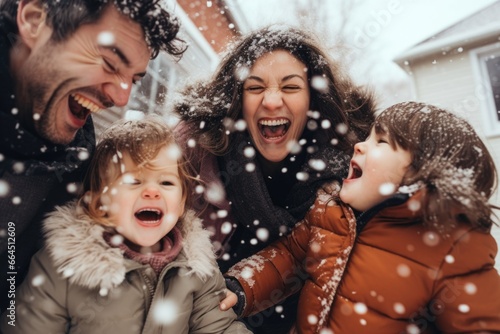 Portrait of Cheerful young family outside during snowfall