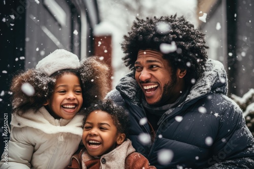 Portrait of Cheerful young father having fun with his kids outside in the snow