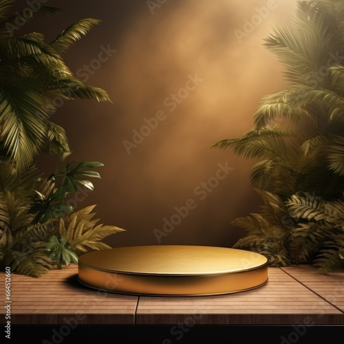 Golden sparkling podium in tropical forest for product presentation exposed to natural sunlight