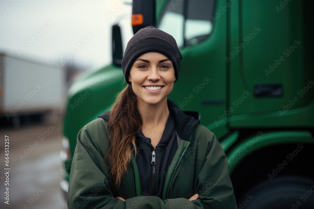 Portrait of a smiling female truck driver in the parking lot Portrait of a smiling female truck driver in the parking lot