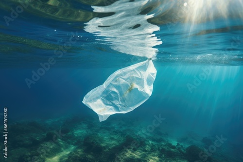 Plastic Bag Drifting in Ocean Waters: Environmental Concern © NikoG