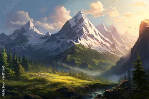 beautiful nature scene with a majestic mountain and lush trees. Generative AI