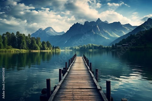 A calm lake with a pier surrounded by beautiful mountains. Generative AI