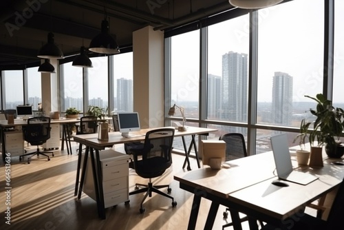 Modern coworking space with computer  furniture  city view  daylight. Generative AI