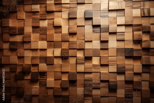 Wooden wall with a subtle shine made of rectangular blocks creating a natural, 3D background. Generative AI