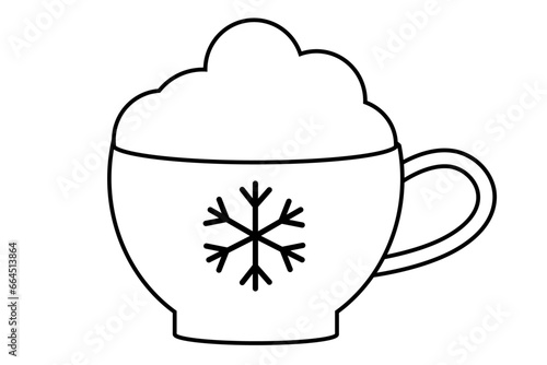 Cup of cappuccino with snowflake. Vector outline illustration. Hot drink icon. 