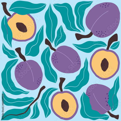 Modern design with plums and leaves. Vector illustration with fruits. Print for t-shirt, notebooks and packaging	