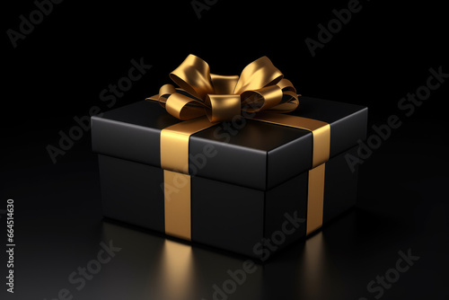 3d rendering luxury dark black present with golden ribbon