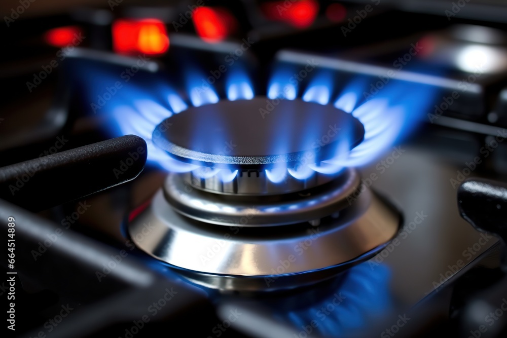 Gas stove with burner, blue flame. AI Generated. Gas stove with burner, blue flame. AI Generated.