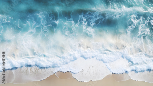 Aerial view with beach in wave of turquoise sea water shot  Top view of beautiful sand background