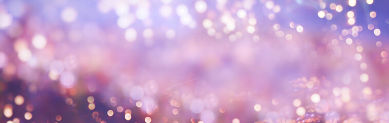 Festive abstract Christmas bokeh light background - golden bokeh lights, pink, purple - New Year, Anniversary,  banner, header, panorama