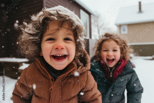 Portrait of happy little kids playing outside in the snow