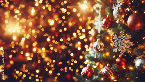 christmas background with a christmas tree, globe ornaments and blurred lights on a warm tone