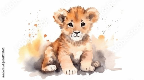 Cute 3D little lion with big eyes kids cartoon illustration digital artwork isolated on white. Funny baby lion  watercolor for  package  postcard  brochure  book