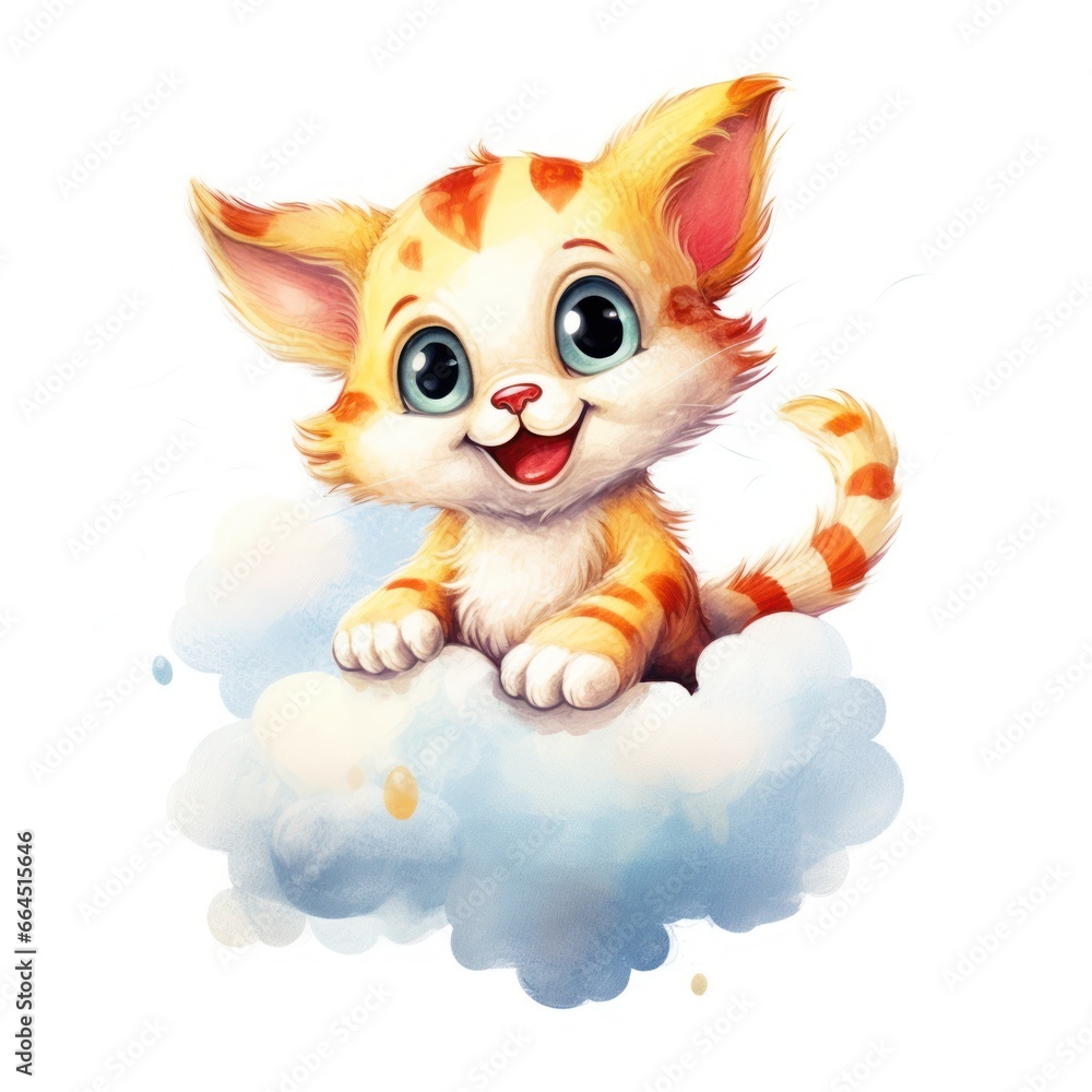 Cute 3D little cat with big eyes flying on a cloud kids cartoon illustration digital artwork isolated on white. Funny baby kitten, hand drawn watercolor for package, postcard, brochure, book Cute 3D little cat with big eyes flying on a cloud kids cartoon illustration digital artwork isolated on white. Funny baby kitten, hand drawn watercolor for package, postcard, brochure, book