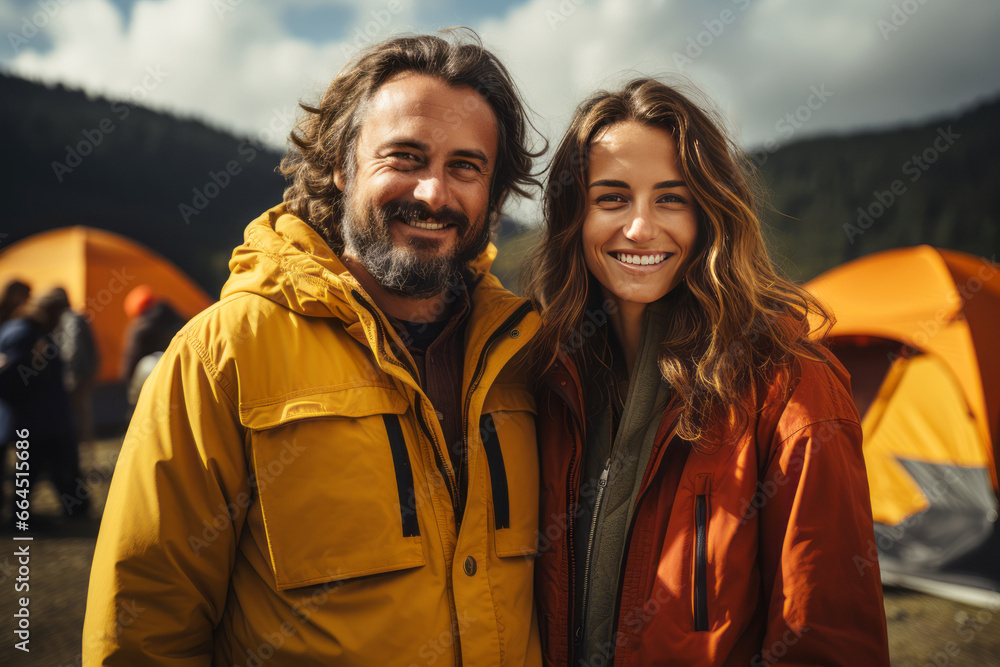Portrait of happy young couple in the mountains against the backdrop of a tent camp. Caucasian family in bright outwear is engaged in a mountain hike. Active lifestyle, tourism and vacation concept. Portrait of happy young couple in the mountains against the backdrop of a tent camp. Caucasian family in bright outwear is engaged in a mountain hike. Active lifestyle, tourism and vacation concept.
