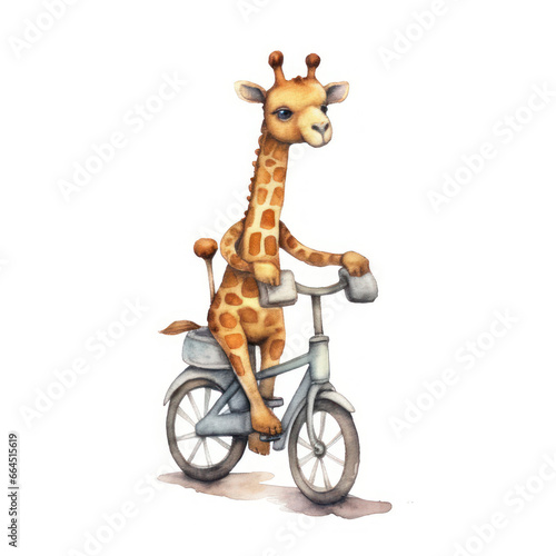 Cute 3D little giraffe on a bicycle kids cartoon illustration digital artwork isolated on white. Funny baby giraffe by bike, hand drawn watercolor for package, postcard, brochure, book