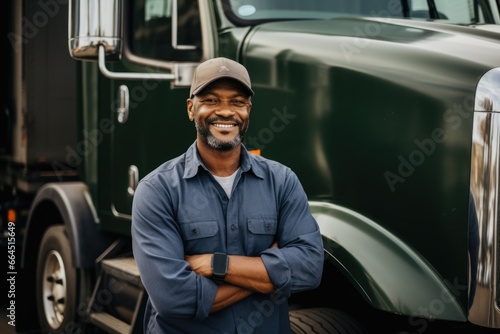 Portrait of middle aged truck driver in front of his truck © CojanAI