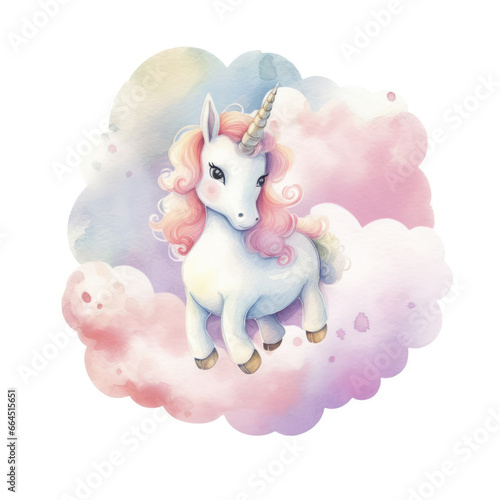 Cute 3D little unicorn flying on a cloud kids cartoon illustration digital artwork isolated on white. Funny baby unicorn horse, watercolor for, package, postcard, brochure, book
