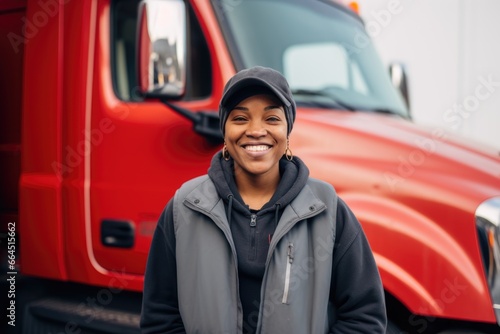 Portrait of a smiling female truck driver in the parking lot © CojanAI
