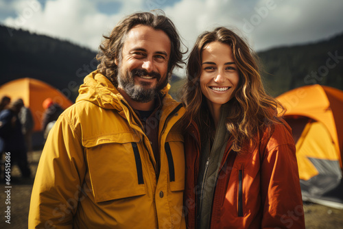 Portrait of happy young couple in the mountains against the backdrop of a tent camp. Caucasian family in bright outwear is engaged in a mountain hike. Active lifestyle, tourism and vacation concept. © Georgii