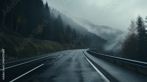 Driving an alpine road on a foggy day