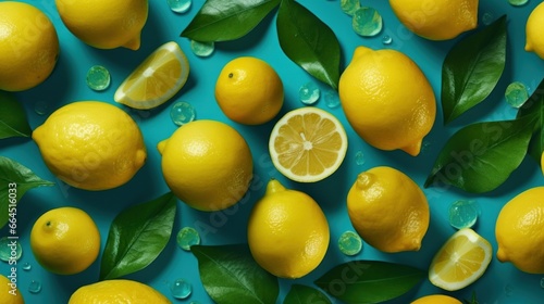 Lemon colorful background. Fresh raw whole lemons, half, slice and leaves with water drops, creative composition. Summertime concept, fashionable pattern layout, overhead shot