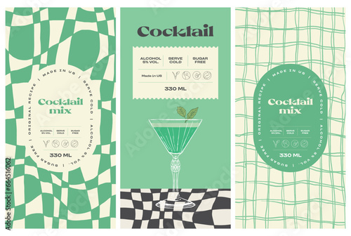 Vector hand drawn cocktail packaging label design template set for cafe or restaurant. Vector beverage package badges set