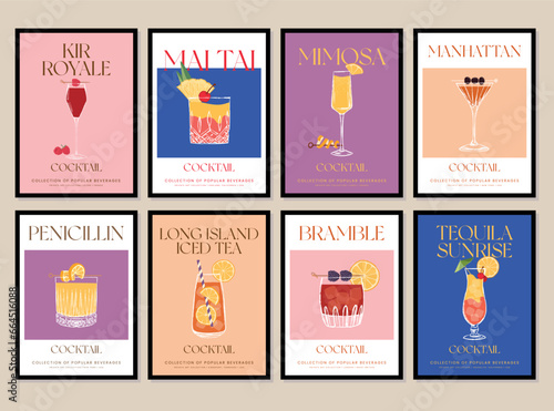 Set of printable posters of cocktail illustrations. An illustration of classical drinks in different types of glasses. Vector illustration of popular cocktails. Banner with soft and alcohol drinks.	