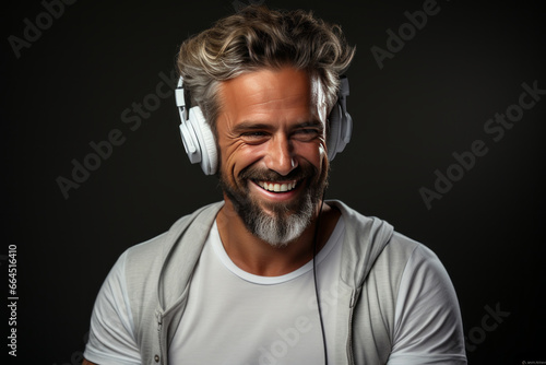 Close-up portrait of handsome middle-aged man in T-shirt wearing white headphones. Mature hipster with stylish haircut and beard listening to music and smiling happily. Isolated on black background.