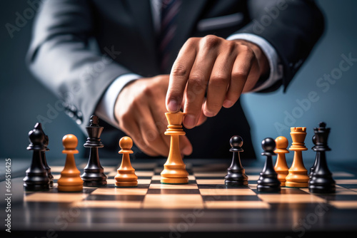 Man in business suit move chess figure on chessboard. Business strategy concept photo