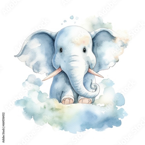 Cute 3D little elephant flying on a cloud kids cartoon illustration digital artwork isolated on white. Funny baby elephant  hand drawn watercolor for package  postcard  brochure  book