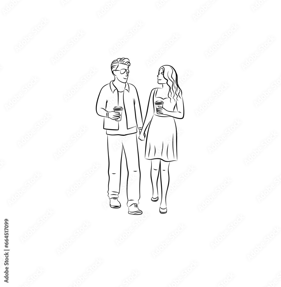Couple holding hands and drinking coffee. A man and a woman in love are walking. Vector linear illustration Couple holding hands and drinking coffee. A man and a woman in love are walking. Vector linear illustration