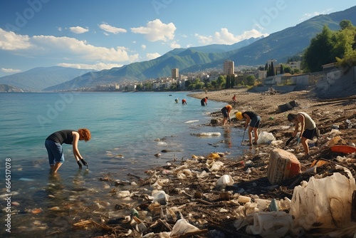 Tourists cleaning up beach from plastic waste Created with Generative AI