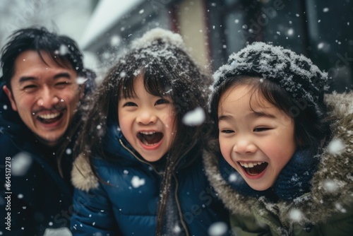 Portrait of Cheerful young father having fun with his kids outside in the snow