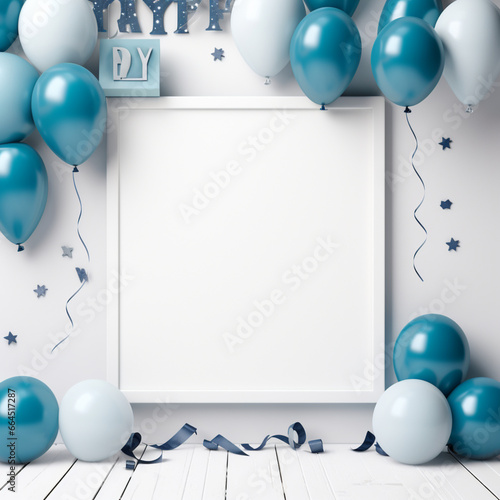 Fondo con detalle y textura de marco de color blanco con adornos de fiesta de tonos azules y blancos
