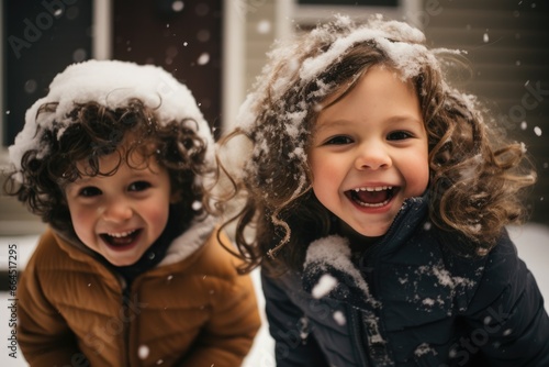 Portrait of happy little kids playing outside in the snow