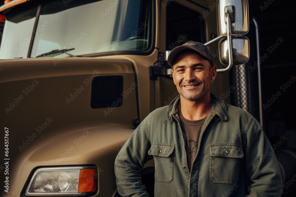 Portrait of middle aged truck driver in front of his truck Portrait of middle aged truck driver in front of his truck