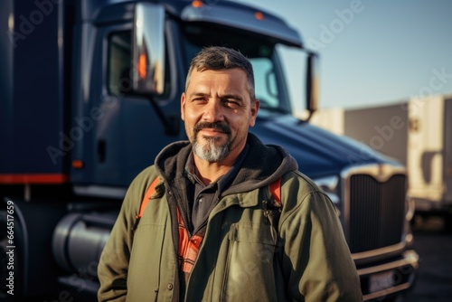 Portrait of middle aged truck driver in front of his truck